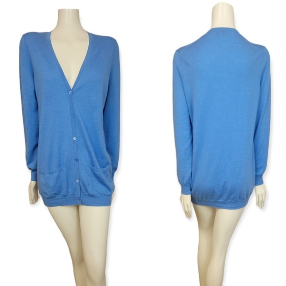 Eric Bompard 100% Cashmere Soft Cardigan V-Neck Classic Front Patch Pockets Blue - Picture 2 of 12